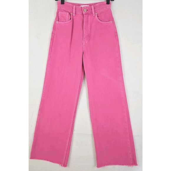 Zara Jeans ~Womens 2~ Pink Wide Leg High Rise Denim Raw Edge Hem Bright Barbie. - Picture 5 of 14